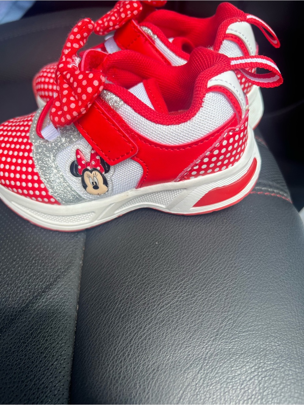 Disney Red Polka Dot Bow Kids Sneakers with Silver Glitter Lights up - Picture 2 of 6
